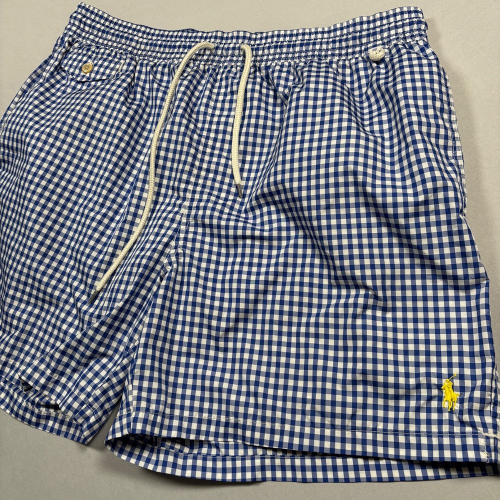 Polo Ralph Lauren Swim Trunks Men XXL Blue Gingham Check Mesh Lined Pony Logo